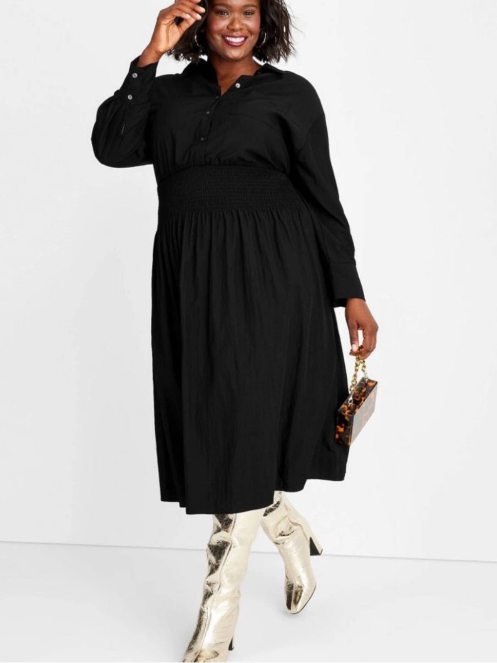 Future Collective Women's Black Collared Long Sleeve Smocked Dress Size XXL NWT